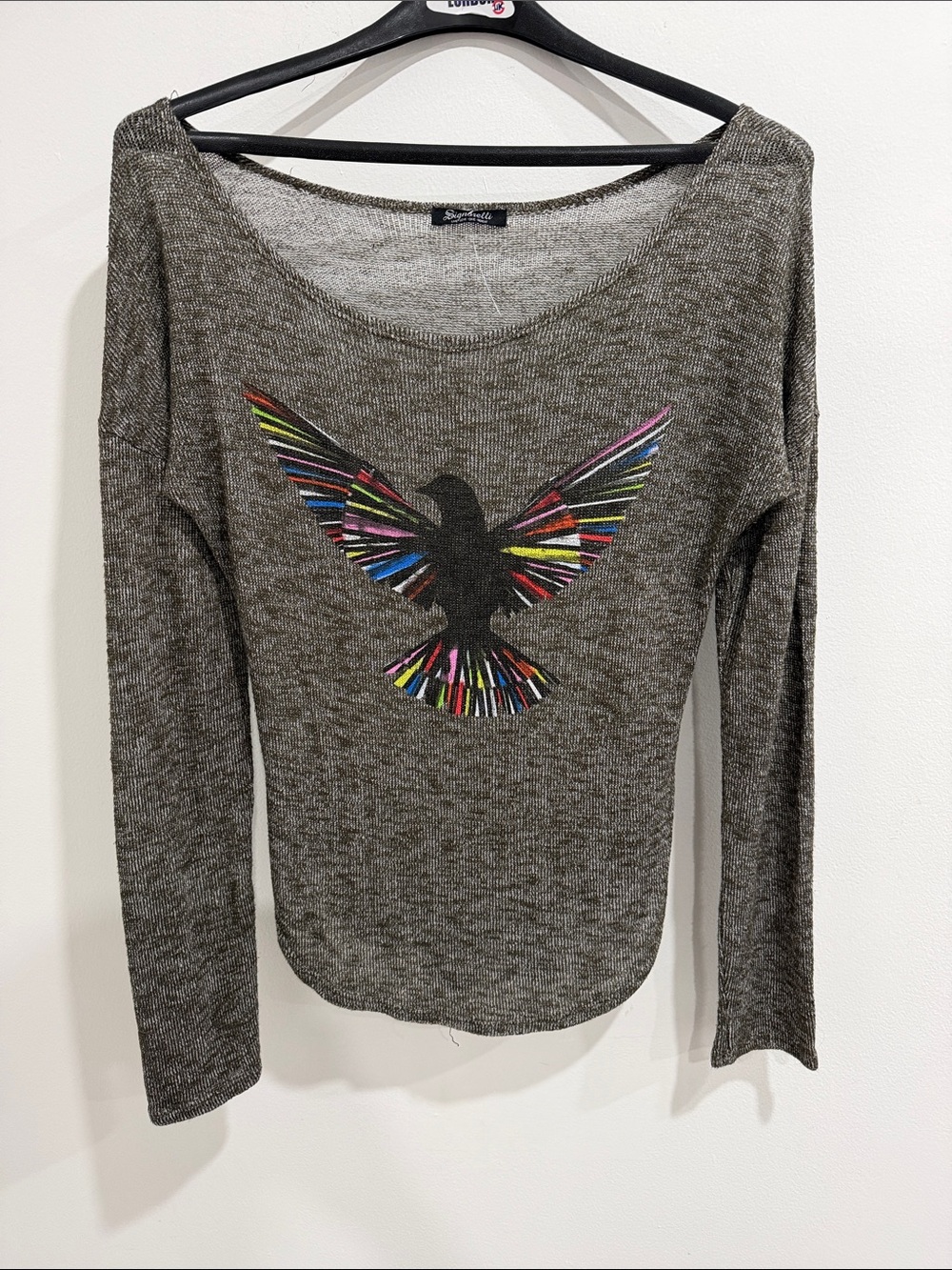 Women’s Gray Long-Sleeve Scoop Neck Top with Multicolor Bird Graphic